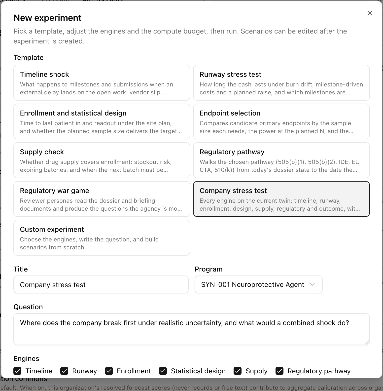 The New experiment dialog with templates, question, program and engines