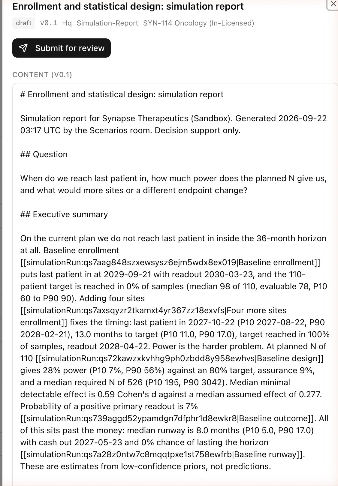 A simulation report opened in the Data Room as a versioned document