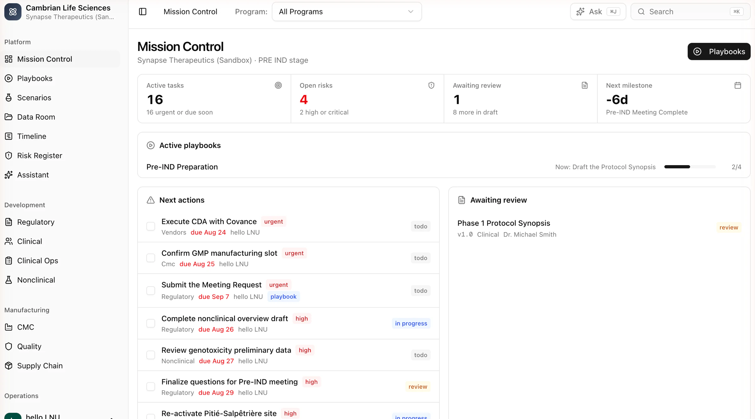 Mission Control: active tasks, open risks, documents awaiting review, the next milestone and the active playbook for a sandbox company